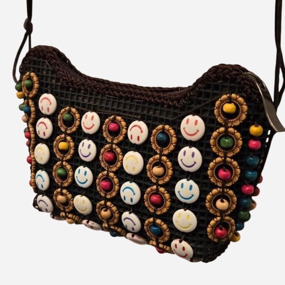 VTG Boho 90s Smiley Face Coconut Shell Beaded Festival Mini Crossbody Bag Y2K - Picture 3 of 12